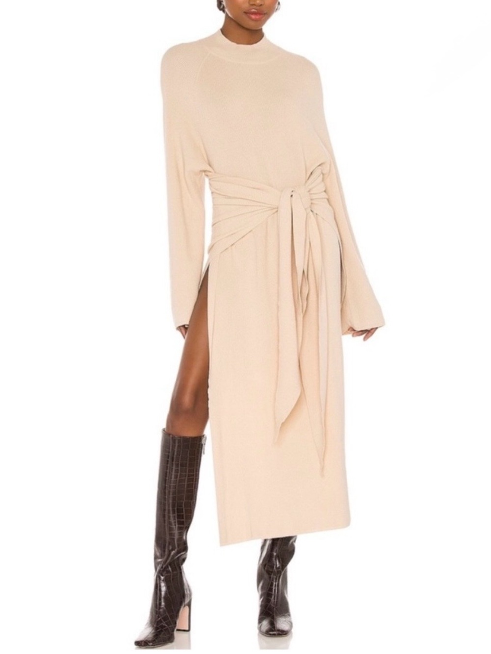 SNDYS Tied Up Mock Neck Knit Tunic Dress in Sand